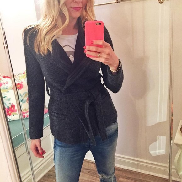 IRO Cooley Tweed Belted Jacket Grey Size 38 Medium Wool Lamb Leather Trim - Picture 2 of 8